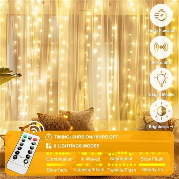 300 LED Curtain Fairy String Lights Warm White USB Remote Indoor Outdoor Decor - Picture 6 of 8
